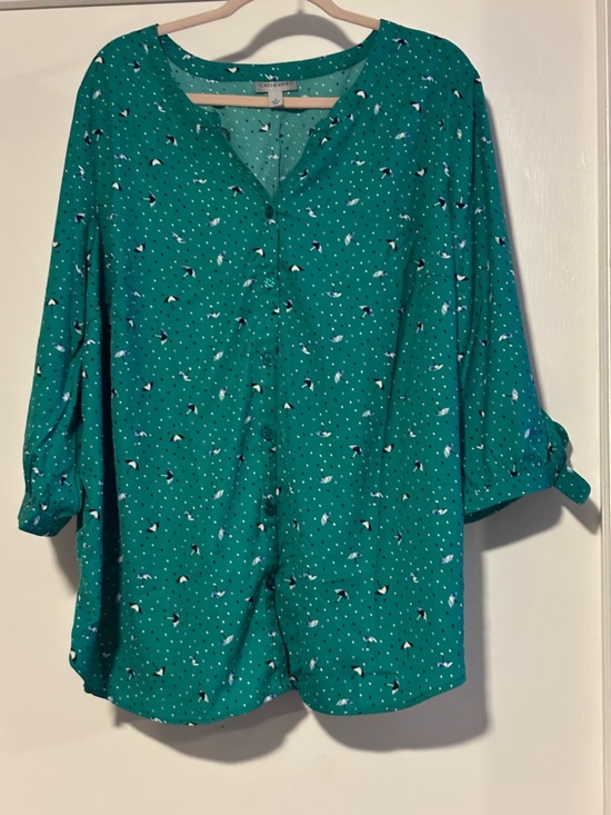 Catherines Tops - Catherines Teal Green Button-Front V-Neck Floral Dot Blouse